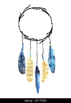 Blaue und braune Vogelfedern auf schwarzen Ästen. Aquarell-Traumfänger. Zum Bedrucken von T-Shirts, Karten, Dekor. Stockfoto