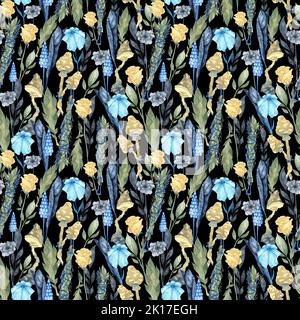Getrocknete Blumen, Kräuter und Pilze. Aquarell florale Elemente in endlosem Muster. Hexenkräuter. Stockfoto