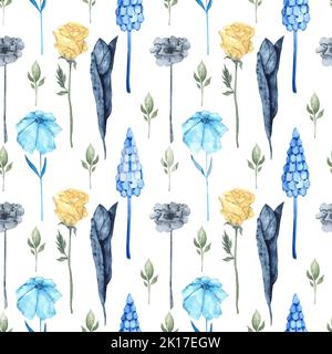 Frühling trockene Blumen und Blätter. Aquarell nahtloses Muster aus Tulpen, Rosen und Muscari. Dezente Pastellblumen von trockener Vegetation auf weißem Hintergrund Stockfoto