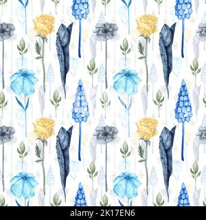 Zarte Blüten in Blautönen. Aquarell botanische Illustration. Luftig nahtloses Muster. Blumen und Blätter auf weißem Hintergrund. Stockfoto