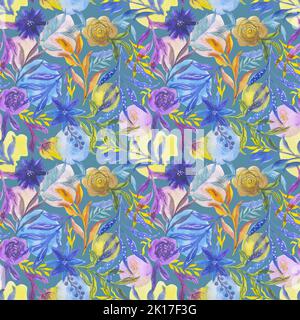 Aquarell abstraktes Muster mit Blumen und Zweigen. Nahtlose handgezeichnete Illustration auf grau-blauem Hintergrund. Rosen, Kornblumen, Pflanzenzweige, Stockfoto