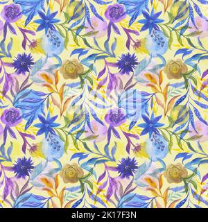Aquarell abstrakte Blumen. Nahtloses Blumenmuster mit farbigen Punkten. Lila und gelbe Pflanzen. Illustration für Stoffe, Dekor, Bezüge. Stockfoto