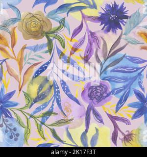 Aquarell stilisierte Blumen und Blätter nahtlose Muster. Abstrakte florale Illustration auf einem rosa Hintergrund. Stockfoto