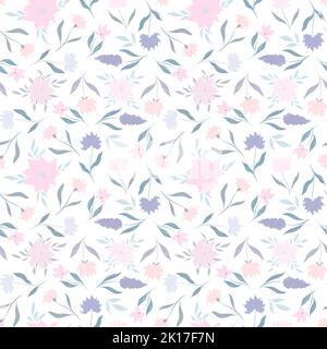 Zarte rosa und lila Blüten auf weißem Hintergrund. Nahtloses Muster für Stoffe, Karten, Drucke, Bezüge. Handgefertigte Illustration. Stockfoto