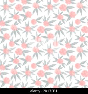 Abstrakte Blumen und Blätter. Nahtloses Blumenmuster auf weißem Hintergrund. Rosa Rosensträuße. Für Stoffe, Dekor, Drucke. Stockfoto