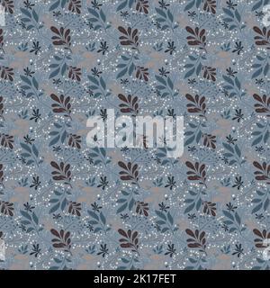 Kaltdruck mit trockenen Winterpflanzen. Nahtloses botanisches Muster auf blauem Hintergrund. Illustration für Stoffe, Dekor, Abdeckungen, Banner. Stockfoto