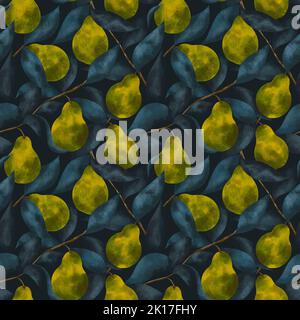 Grüne Birnen mit dunkelblauen Blättern. Nahtloses Muster auf dunklem Hintergrund. Obst-Illustration für Stoffe, Bezüge, Banner. Stockfoto