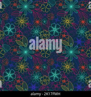 Die Konturen der Blumen. Leuchtender Druck in Neonfarben. Nahtloses Muster auf dunklem Hintergrund. Stilisierte Pflanzen. Illustration für Stoffe, Accessoires Stockfoto