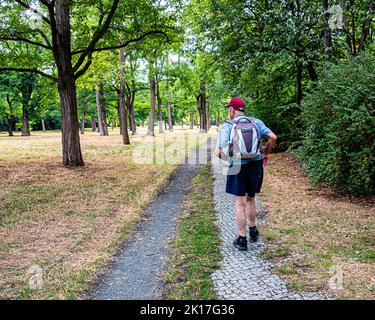 Älterer Mann mit Rucksack bei einem Spaziergang im Akazienwald in der Blaschkoallee, Britz, Neukölln, Berlin, Stockfoto