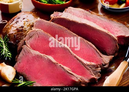 Appetitliche Scheiben von mittelseltenem Roastbeef und Gewürzen auf dem Küchentisch Stockfoto