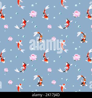 Aquarell-Muster mit Fisch Koi, Lotusblumen und Blasen auf blauem Hintergrund Stockfoto