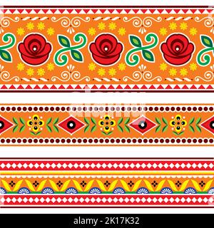 Indische und pakistanische LKW-Kunst-Vektor-Set aus 3 nahtlosen Mustern, farbenfrohe, sich wiederholende florale Designs, inspiriert von Jingle-Kunst aus Indien und Pakistan Stock Vektor