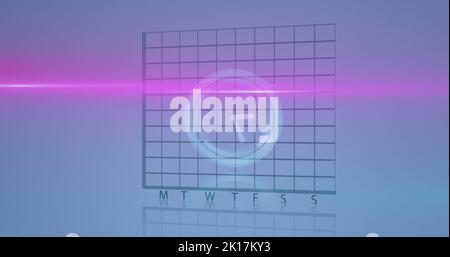 Bild von Neon tickende Uhr über statistische Datenverarbeitung vor blauem Hintergrund Stockfoto