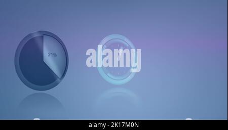 Bild von Neon tickende Uhr über statistische Datenverarbeitung vor blauem Hintergrund Stockfoto