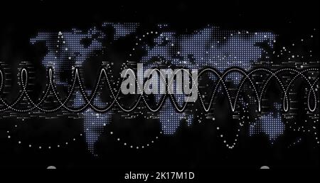 Bild der DNA-Strangspinnung und Datenverarbeitung auf der Weltkarte Stockfoto