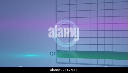 Bild von Neon tickende Uhr über statistische Datenverarbeitung vor blauem Hintergrund Stockfoto