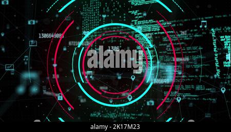 Bild der Datenverarbeitung und des Netzwerks von Verbindungen auf dunklem Hintergrund Stockfoto