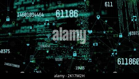 Bild der Datenverarbeitung und des Netzwerks von Verbindungen auf dunklem Hintergrund Stockfoto