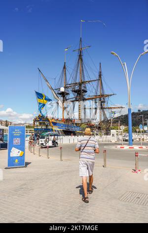 Göteborg von Schweden , Segelnachbildung der schwedischen Ost-Indiaman Göteborg, vertäut im Hafen von Malaga, Spanien. Stockfoto