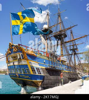 Göteborg von Schweden , Segelnachbildung der schwedischen Ost-Indiaman Göteborg, vertäut im Hafen von Malaga, Spanien. Stockfoto