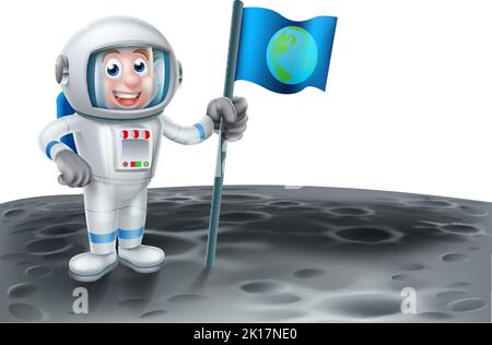 Cartoon Astronaut hält eine Flagge auf dem Mond Stock Vektor