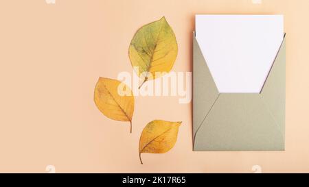 Fotografie von oben von Handwerk Umschlag mit unbeschriftete Karte, trockene Blätter in der Nähe it.Autumn Konzept, großes Banner. Stockfoto
