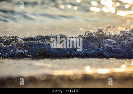 Nahaufnahme der abstürzenden Meereswelle am Strand. Muschelwellen und sanfte Meeresbrandung. Weichfokus Bokeh Lichteffekte im Vordergrund. Golden Hour Fotografie. Stockfoto