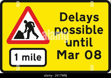 Straßenarbeiten 1 Meilen vor dem Hotel, das Straßenverkehrsschild der Straßenverkehrsordnung, Hinweisschilder und Schilder mit roten Kreisen sind meist unerschwinglich. Es gelten die Platten unter den Schildern Stock Vektor