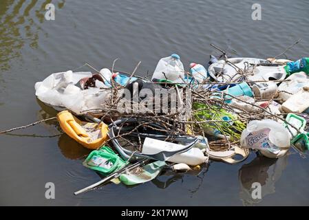 Nisten Sie auf dem Wasser aus Plastik mit Vogel darauf Stockfoto