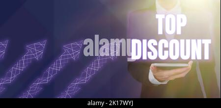 Schild mit dem oberen Rabatt. Wort geschrieben auf Best Price Guaranteed Hot Items Crazy Sale Promotions Stockfoto