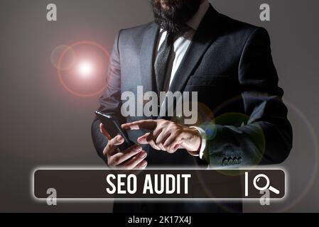 Text mit Inspiration Seo Audit. Word für den Prozess zur Validierung und Verifizierung der Suchmaschinenoptimierung Stockfoto