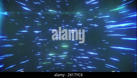 Abbildung mehrerer blau leuchtender Lichtspuren, die sich in hypnotischer Bewegung in nahtloser Schleife drehen. Farb- und Bewegungskonzept digital generiertes Bild. Stockfoto
