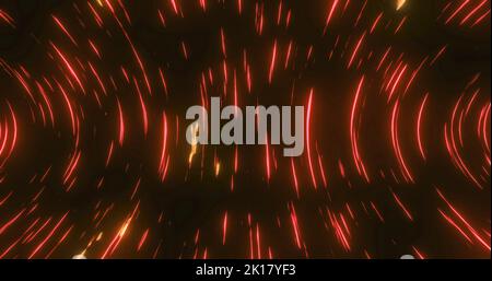 Abbildung mehrerer rot leuchtender Lichtspuren, die sich in hypnotischer Bewegung in nahtloser Schleife drehen. Farb- und Bewegungskonzept digital generiertes Bild. Stockfoto