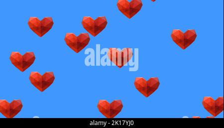 Bild von mehreren digitalen roten Herz Liebe Symbole schweben auf blauem Hintergrund. Globales Online-Social-Media-Konzept digital generiertes Bild. Stockfoto