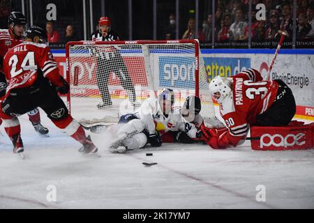 KÖLN, DEUTSCHLAND - 15. SEPTEMBER 2022: Hockeyspiel DEL Kölner Haie - EHC Red Bull München Stockfoto