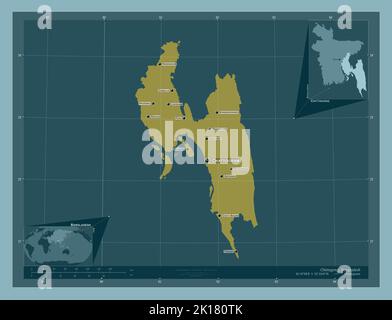 Chittagong, Division von Bangladesch. Einfarbige Form. Orte und Namen der wichtigsten Städte der Region. Karten für zusätzliche Eckposition Stockfoto