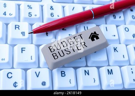 Schreiben mit dem Text Budget Buster. Geschäftsidee sorgenfreie Ausgaben Schnäppchen unnötige Einkäufe Überausgaben Stockfoto