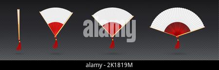 Chinesischer Handventilator, traditionelles asiatisches Accessoire isoliert auf transparentem Hintergrund. Offener und geschlossener rot-weißer japanischer Holzventilator mit Quaste, vecto Stock Vektor