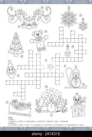 Weihnachtliches Kreuzworträtsel auf Dänisch. Spiel und Färbung Seite.Vektor-Illustration. Stock Vektor