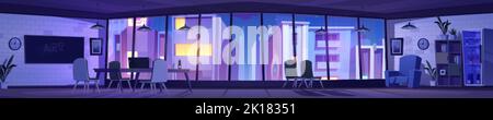Nachtbüro, Coworking-Bereich, Art-Studio-Arbeitsplatz mit Laptop am Schreibtisch, Stühlen, Brett, großen Fenstern. Komfortables Hotel, Sitzungssaal für Busen Stock Vektor