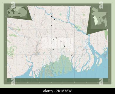 Khulna, Teilung von Bangladesch. Öffnen Sie Die Straßenkarte. Standorte der wichtigsten Städte der Region. Karten für zusätzliche Eckposition Stockfoto