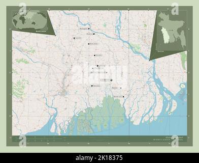 Khulna, Teilung von Bangladesch. Öffnen Sie Die Straßenkarte. Orte und Namen der wichtigsten Städte der Region. Karten für zusätzliche Eckposition Stockfoto