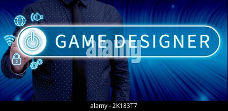 Sign zeigt Game Designer an. Word für Campaigner Pixel Scripting Programmierer Konsolen 3D Grafiken Stockfoto