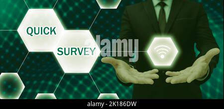 Textschild mit Quick Survey. Geschäftsansatz Führen Sie eine schnelle Überprüfung der Zustandswertsituation von etwas durch Stockfoto