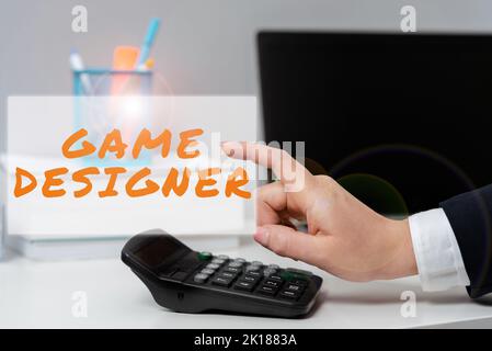 Inspiration zeigt Zeichen Game Designer. Unternehmensübersicht Campaigner Pixel Scripting Programmierer Konsolen 3D Grafiken Stockfoto