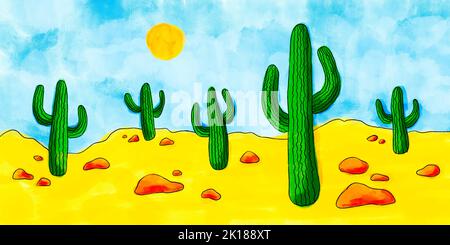 Kinder-Illustration der Sommerwüste Sanddünen, Kakteen, Sonne und strahlend blauen Himmel. 8K hochauflösende Aquarelle und Gouache-Kunst für Kinder. Cowboy-Wester Stockfoto