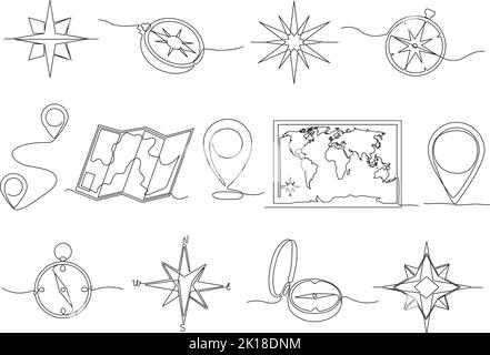 Position in einer Zeile. Handgezeichneter Reisekompass, Reisekarte und Stecknadelsymbol. Grafik-Set für Geographie und Tourismus Stock Vektor
