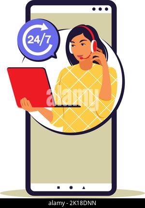 Service 24 7 Konzept. Call Center-Support. Vektorgrafik. Flach Stock Vektor