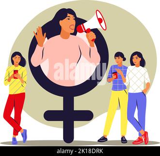 Konzept des Feminismus. Mädchenmacht und feministische Bewegung. Frau mit Megaphon. Vektorgrafik. Flach. Stock Vektor