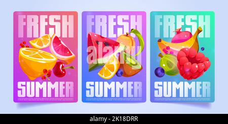 Frische Sommerplakate mit Obstscheiben und Beeren. Vector Werbebanner, Werbeflyer mit Cartoon-Illustration von Banane, Wassermelone, oran Stock Vektor